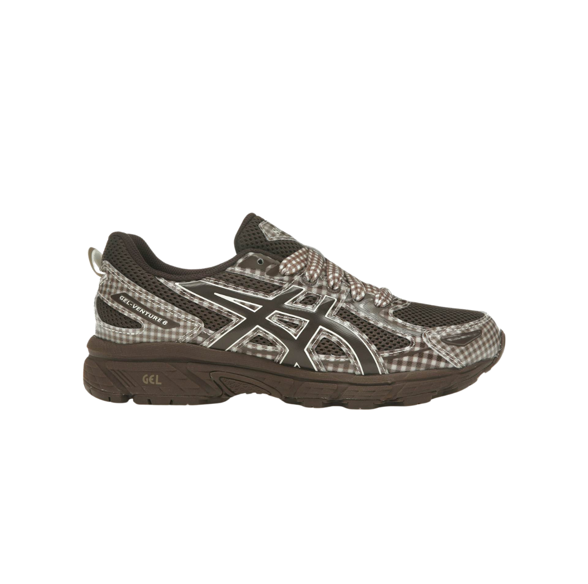 ASICS Gel-Venture 6 Story mfg. Reddish Brown Gingham – limited edition trail sneakers, ASICS x Story mfg. collaboration, reddish brown gingham pattern, retro outdoor running shoes