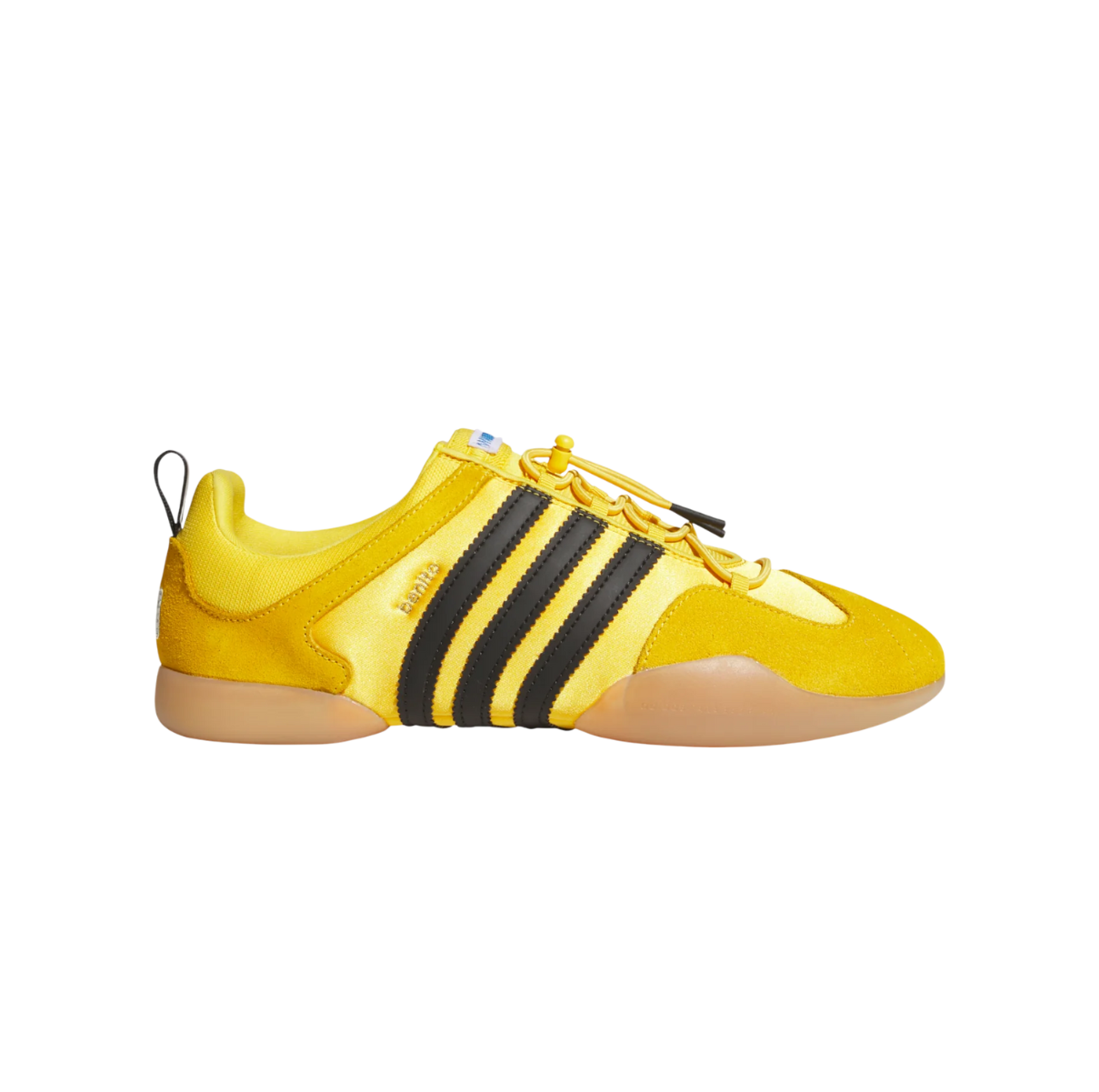 Adidas Ballerina Bad Bunny Bold Gold – limited edition unisex low-top sneakers featuring bold gold leather upper with black accents, exclusive Bad Bunny branding, gum rubber outsole for enhanced traction, sleek streetwear design combining luxury and urban style, perfect for collectors and fashion-forward sneaker fans
