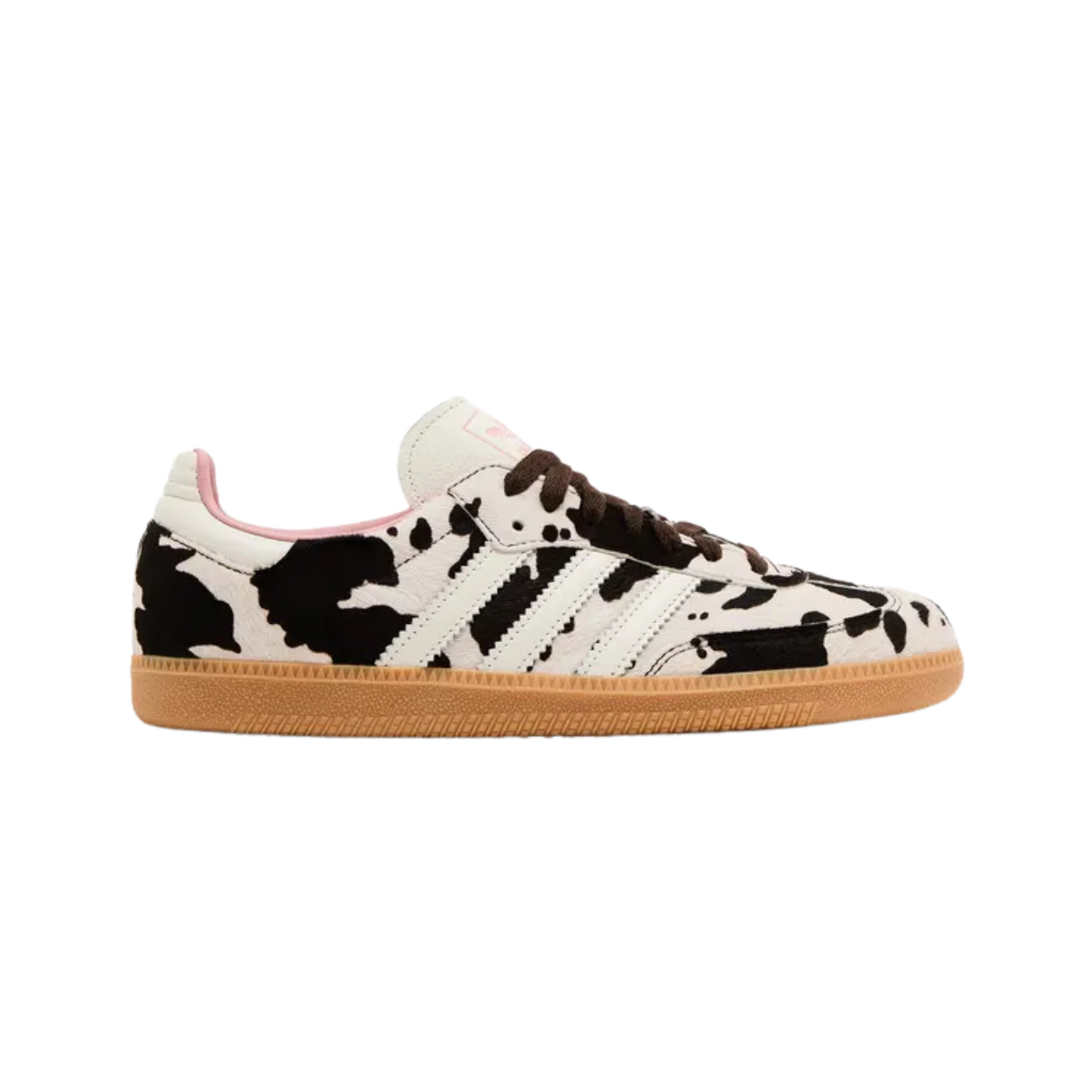 Adidas Samba OG Cow Print – unisex classic low-top sneakers with premium black and white cow print full-grain leather upper, reinforced suede overlays for durability, iconic gum rubber outsole providing excellent grip and traction, vintage retro silhouette inspired by indoor soccer shoes, breathable perforations, ideal for casual streetwear and lifestyle use