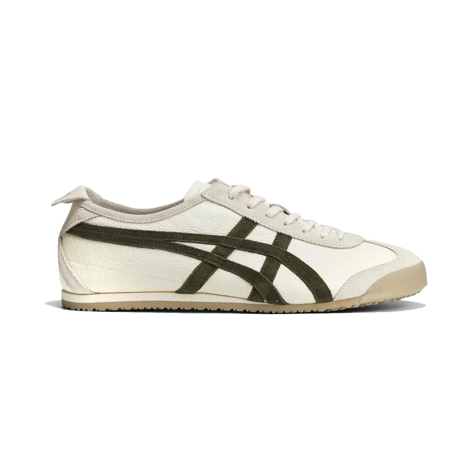 Onitsuka Tiger Mexico 66 Light Beige Olive – classic unisex sneakers, light beige and olive green leather upper, iconic stripe design, vintage-inspired running shoes, cushioned sole, durable rubber outsole, casual lifestyle footwear
