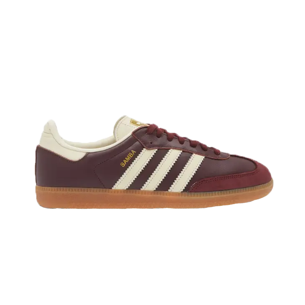 Adidas Samba OG Maroon Gold Metallic – classic Adidas retro sneakers, maroon leather upper with gold metallic accents, vintage indoor soccer silhouette, lifestyle streetwear shoes