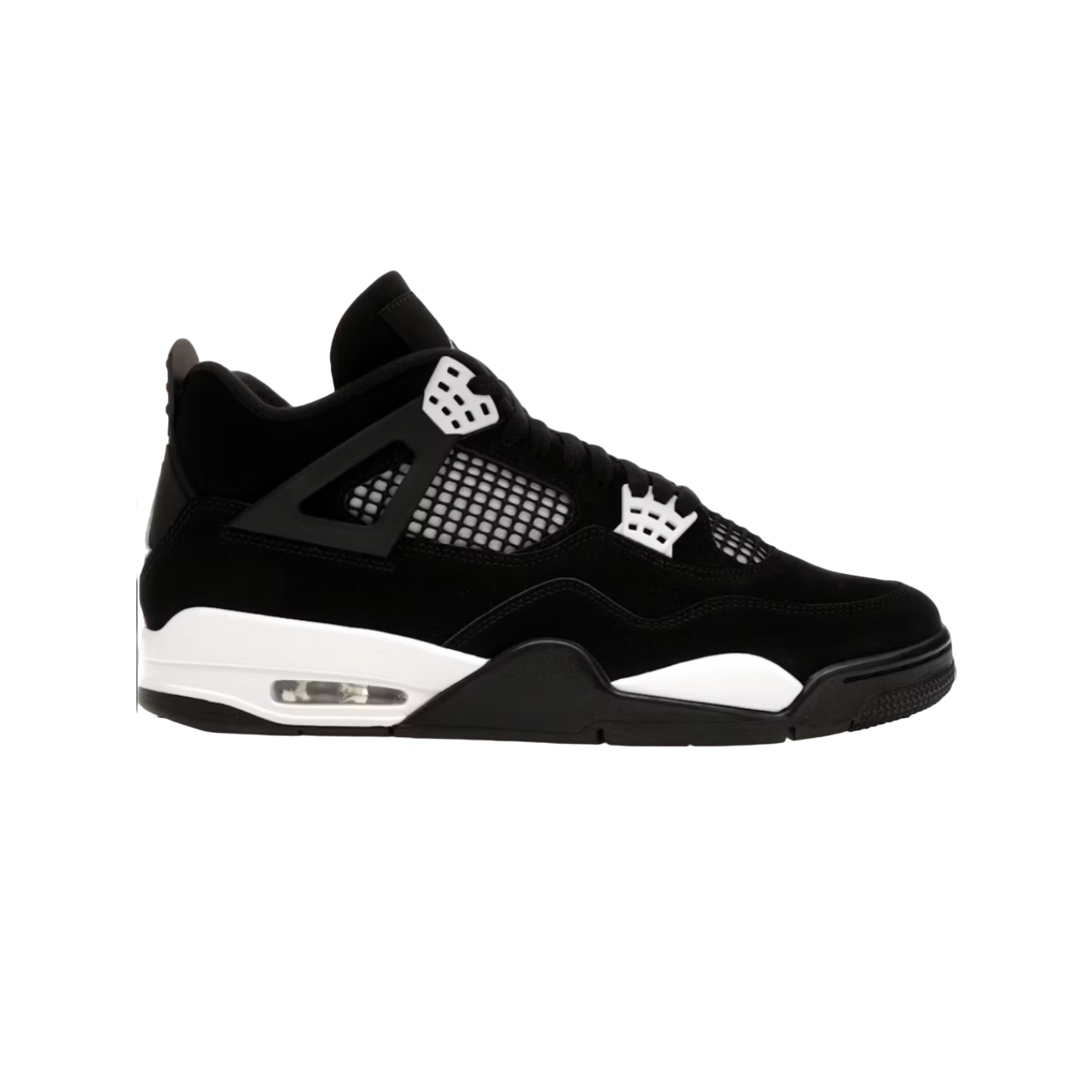 Air Jordan 4 Retro White Thunder – unisex high-top sneakers in premium black nubuck with contrasting white accents, mesh side panels, TPU wing eyelets, Jumpman branding on tongue and heel, visible Air-Sole unit, bold reinterpretation of classic Jordan 4 silhouette for streetwear and basketball