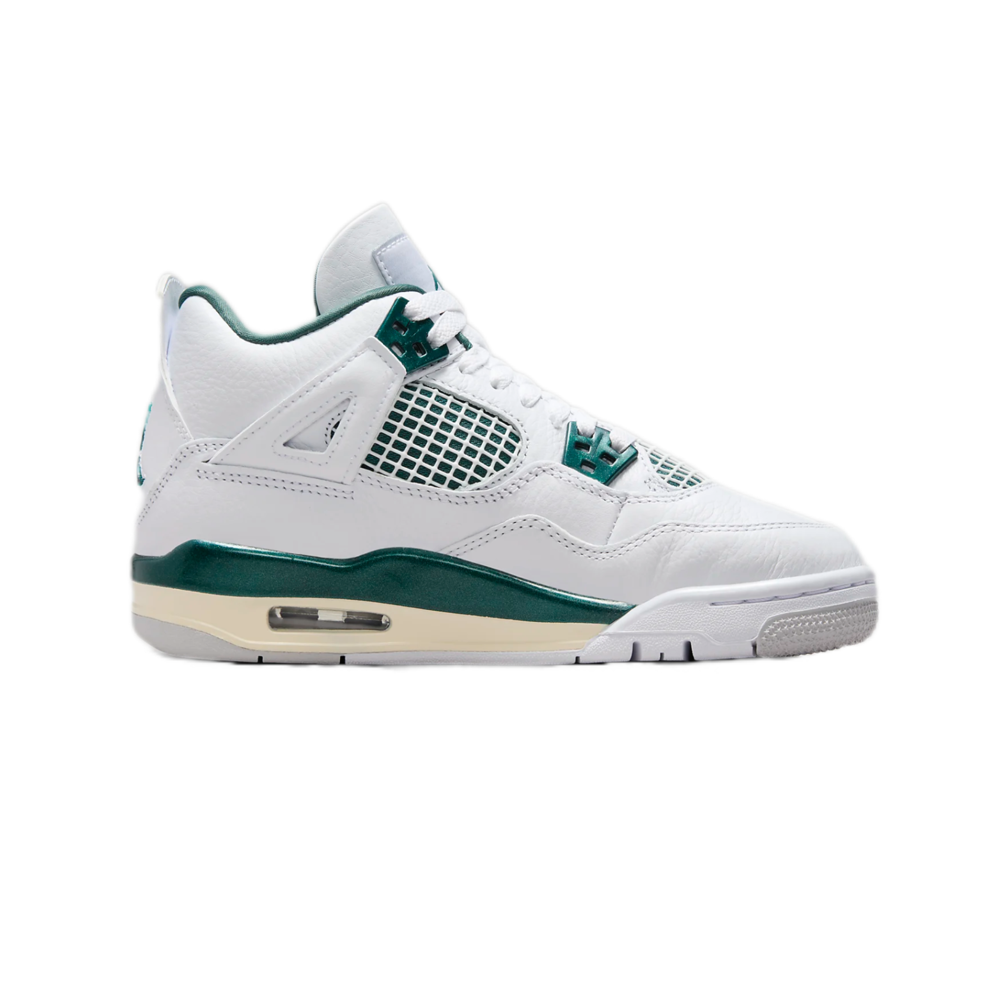 Air Jordan 4 Retro Oxidized Green – unisex high-top sneakers in white leather with oxidized green accents, mesh side panels, visible Air unit in sole, signature Jumpman branding, classic basketball silhouette reimagined in clean colorway, lifestyle and performance shoe