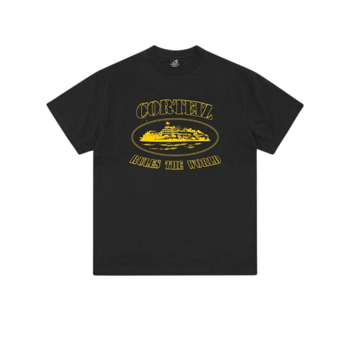 Corteiz Alcatraz Rules the World Tee Black Yellow – limited edition Corteiz t-shirt, black and yellow graphic streetwear tee, bold slogan design, urban casual wear