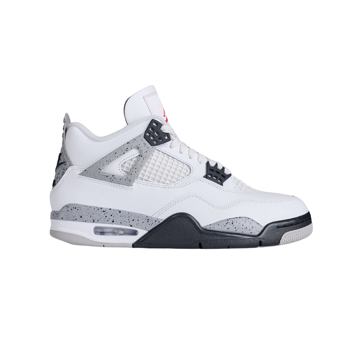 Air Jordan 4 Retro White Cement – iconic unisex high-top sneakers with white leather upper, speckled cement grey TPU wings and midsole, black and red Jumpman branding, mesh side panels, visible Air cushioning, classic 1989 basketball silhouette for lifestyle and performance use
