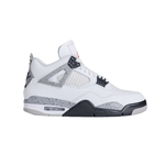 Air Jordan 4 Retro White Cement – iconic unisex high-top sneakers with white leather upper, speckled cement grey TPU wings and midsole, black and red Jumpman branding, mesh side panels, visible Air cushioning, classic 1989 basketball silhouette for lifestyle and performance use