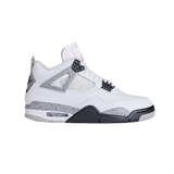 Air Jordan 4 Retro White Cement – iconic unisex high-top sneakers with white leather upper, speckled cement grey TPU wings and midsole, black and red Jumpman branding, mesh side panels, visible Air cushioning, classic 1989 basketball silhouette for lifestyle and performance use