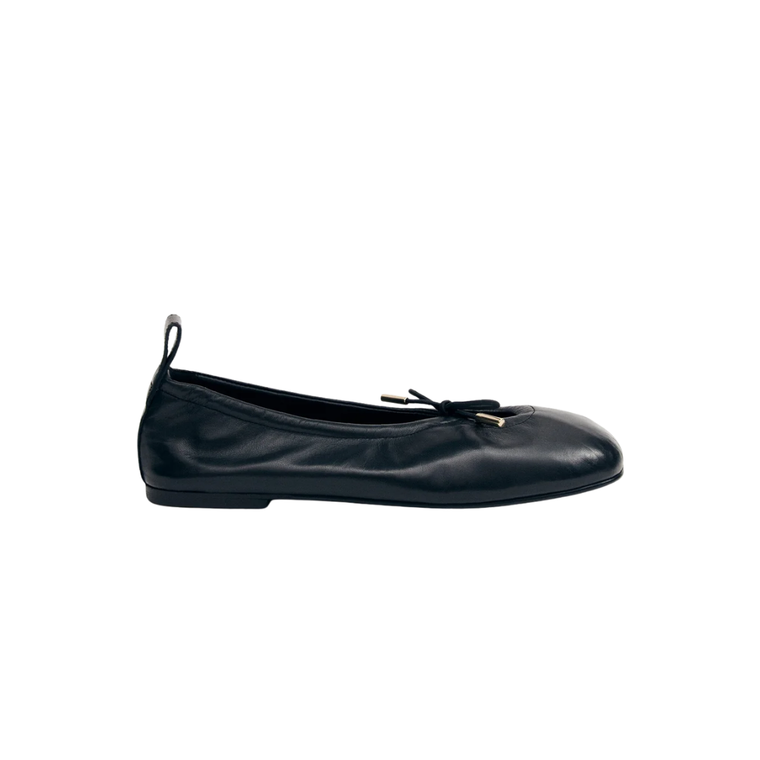 ALOHAS Rosalind black leather stretchy ballet flats with drawstring upper