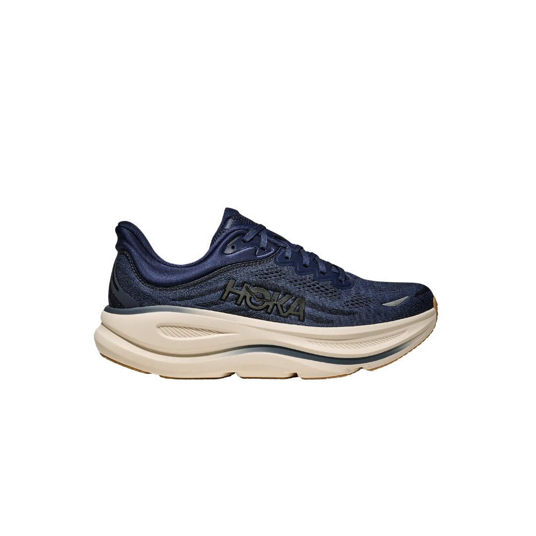 HOKA M Bondi 9 in Midnight Blue/Varsity Navy with cushioned midsole and knit upper
