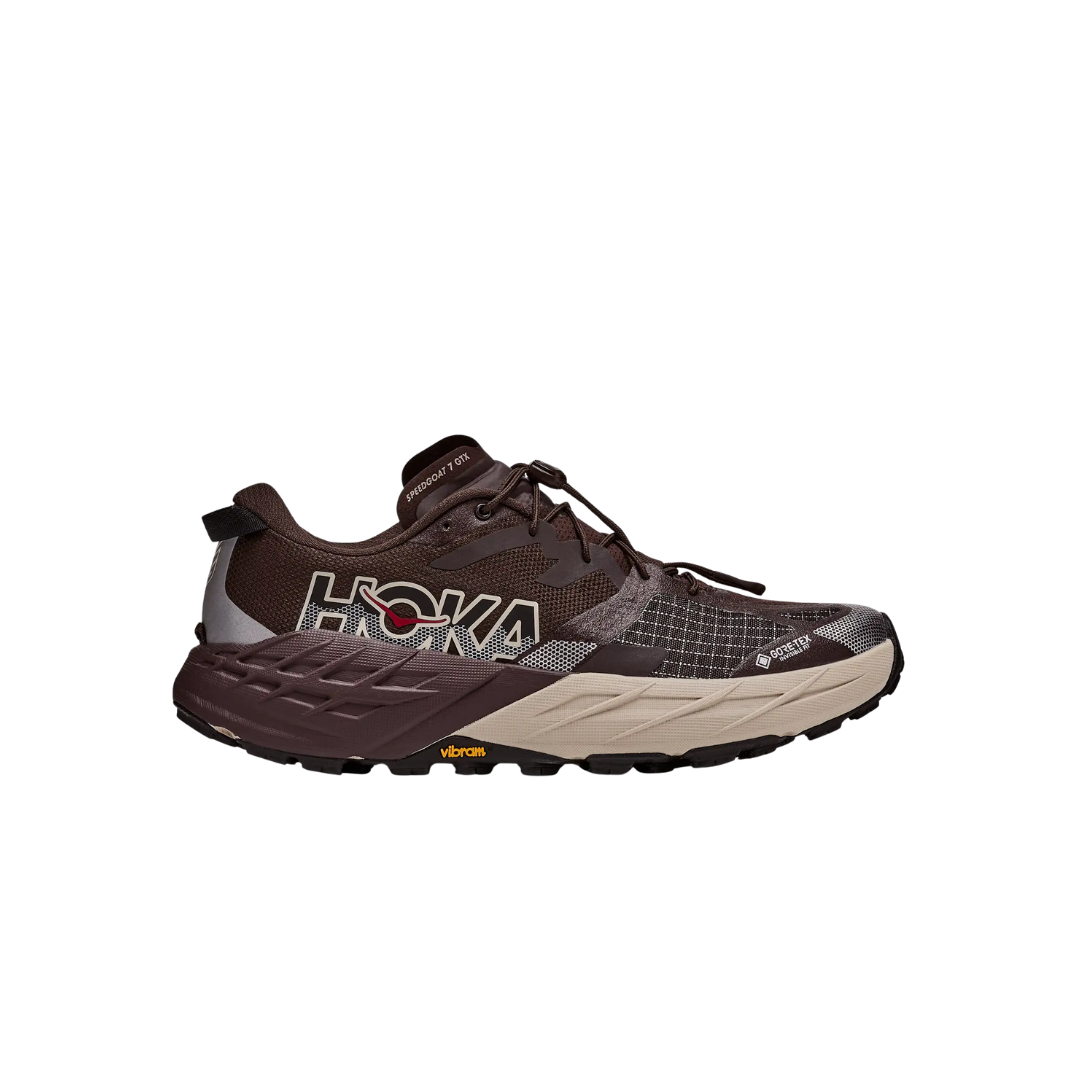HOKA M Speedgoat 7 GTX trail shoes in Spiced Chocolate River Rock Gray with GORE-TEX® protection