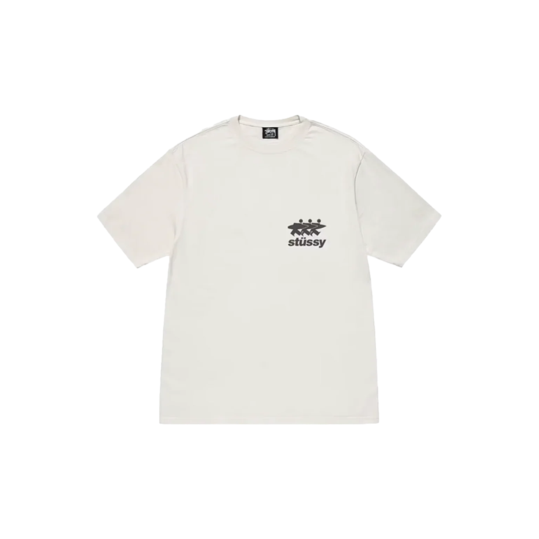 Stüssy Surfwalk T-shirt Dyed with Natural Pigment – unisex natural pigment-dyed cotton t-shirt, vintage wash texture, bold "Surfwalk" graphic print on front, ribbed crew neck, short sleeves, soft breathable fabric, casual streetwear and skatewear essential