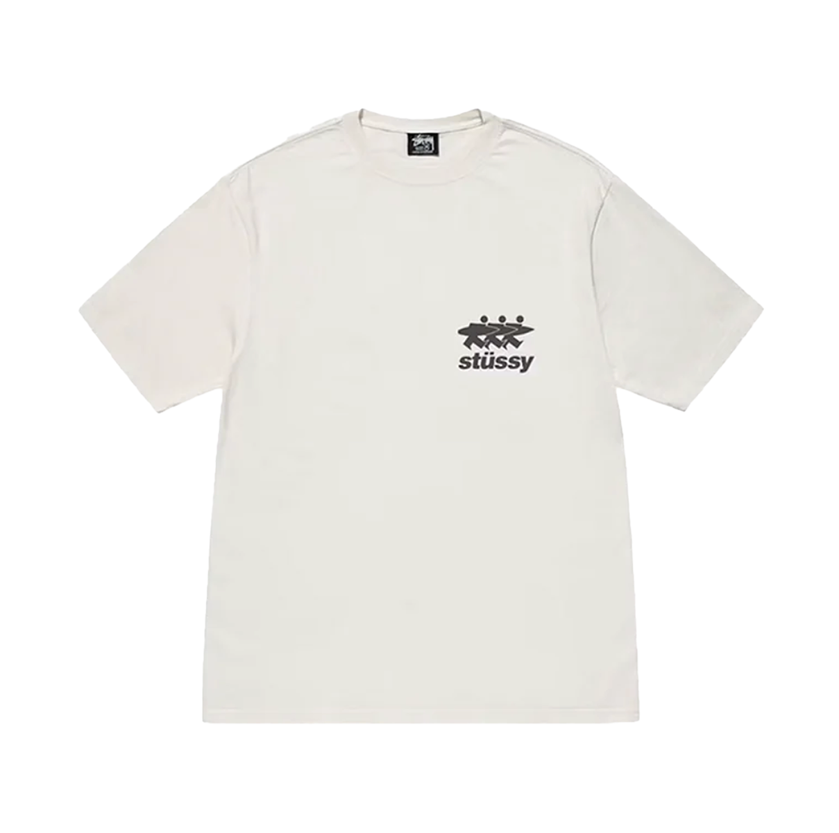 Stüssy Surfwalk T-shirt Dyed with Natural Pigment – unisex natural pigment-dyed cotton t-shirt, vintage wash texture, bold "Surfwalk" graphic print on front, ribbed crew neck, short sleeves, soft breathable fabric, casual streetwear and skatewear essential