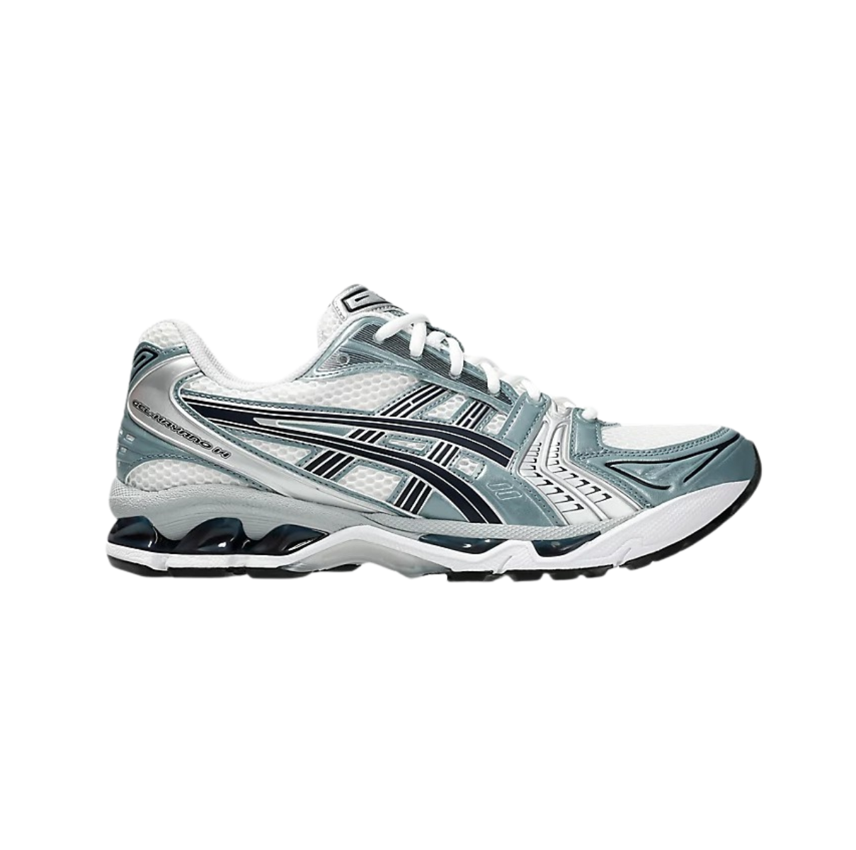 ASICS Gel-Kayano 14 White Fjord Grey – men's running shoes, white and fjord grey colorway, Gel cushioning technology, stability support, breathable mesh upper, performance sneakers