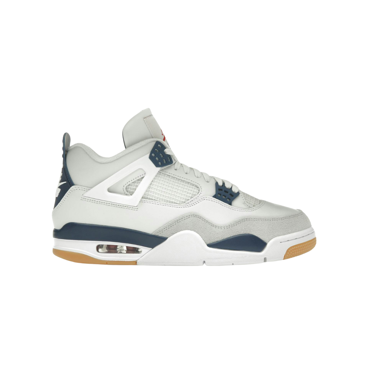 Air Jordan 4 Retro SB Navy – skateboarding edition high-top sneakers in white leather with midnight navy and neutral grey accents, reinforced upper for durability, Zoom Air cushioning, gum outsole for grip, classic Jordan 4 silhouette reengineered for skate performance