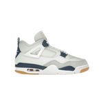 Air Jordan 4 Retro SB Navy – skateboarding edition high-top sneakers in white leather with midnight navy and neutral grey accents, reinforced upper for durability, Zoom Air cushioning, gum outsole for grip, classic Jordan 4 silhouette reengineered for skate performance