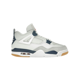 Air Jordan 4 Retro SB Navy – skateboarding edition high-top sneakers in white leather with midnight navy and neutral grey accents, reinforced upper for durability, Zoom Air cushioning, gum outsole for grip, classic Jordan 4 silhouette reengineered for skate performance
