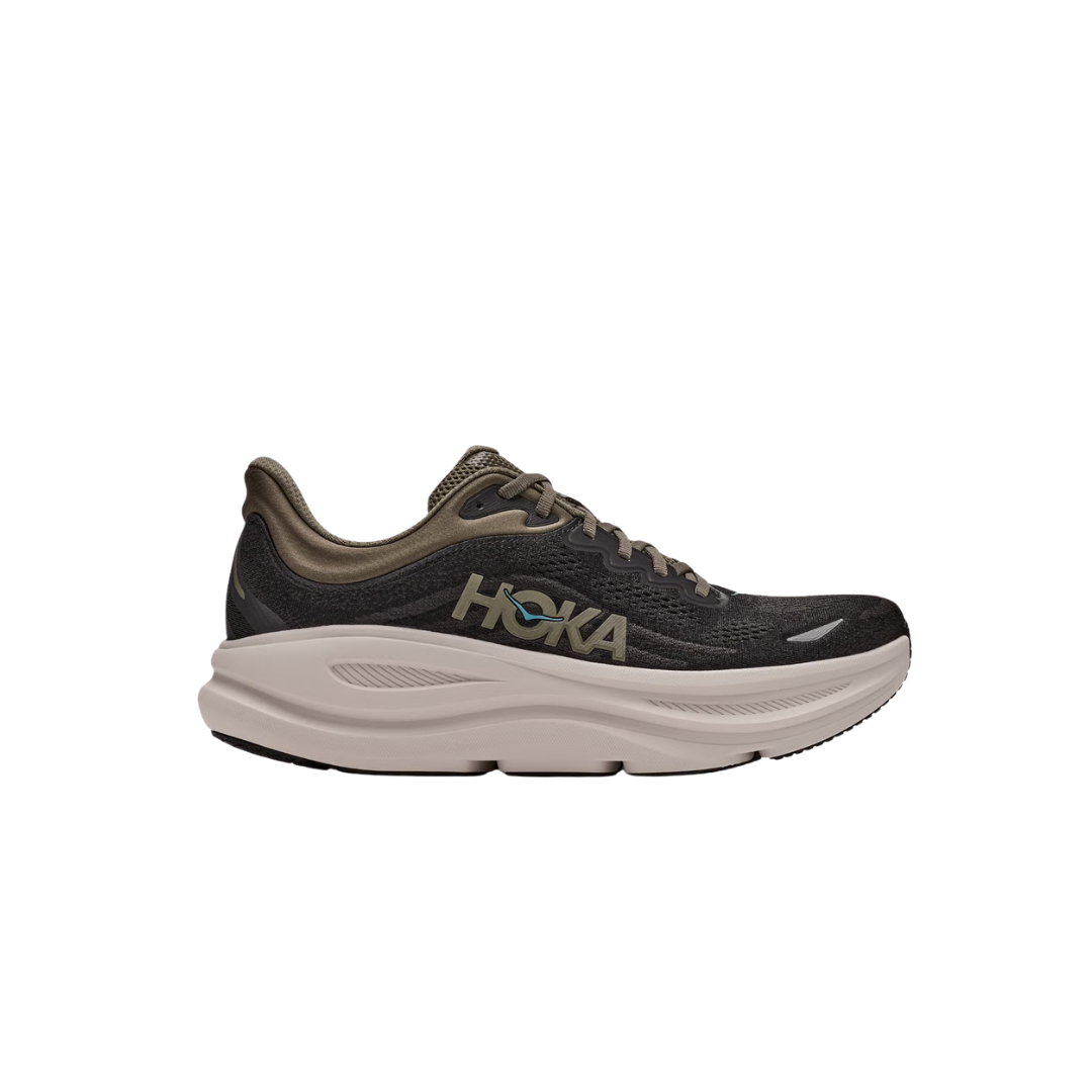Hoka Bondi 9 running shoe in Black and River Rock Grey