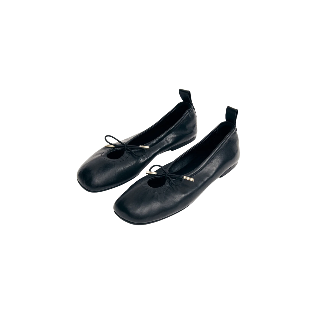 ALOHAS Rosalind black leather stretchy ballet flats with drawstring upper