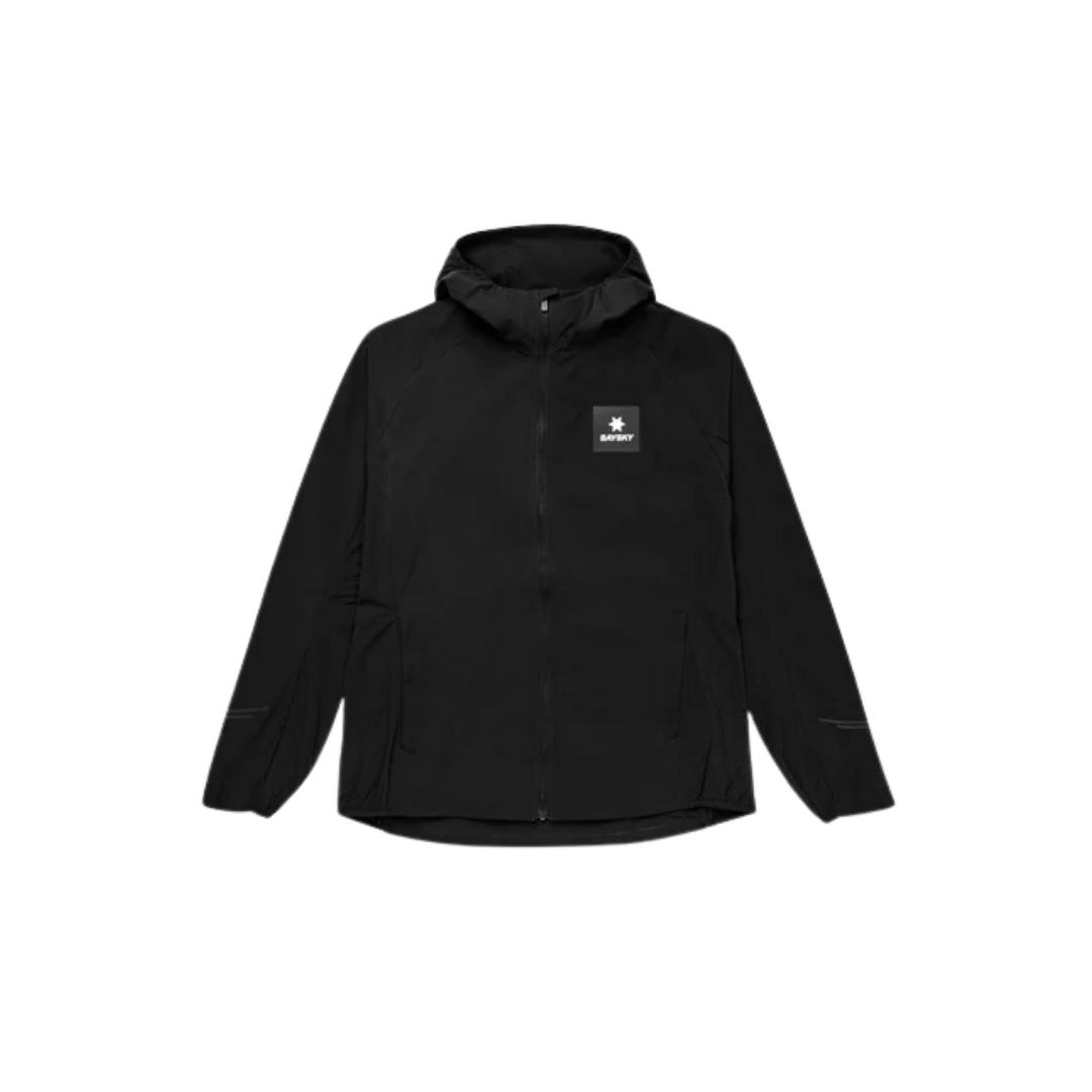 SAYSKY Clean Pace Flex Hooded Jacket in Black with adjustable hood and reflective details