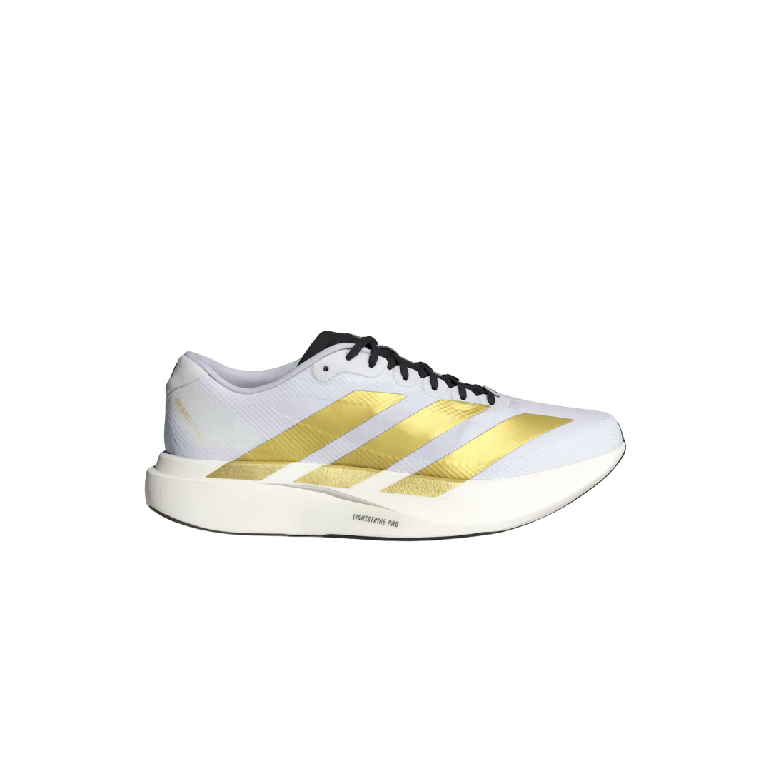 Adidas Adizero EVO SL Woven Running Shoes in Cloud White, Matte Gold and Core Black