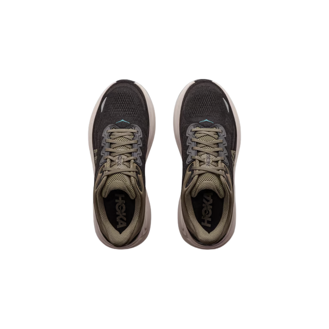 Hoka Bondi 9 running shoe in Black and River Rock Grey