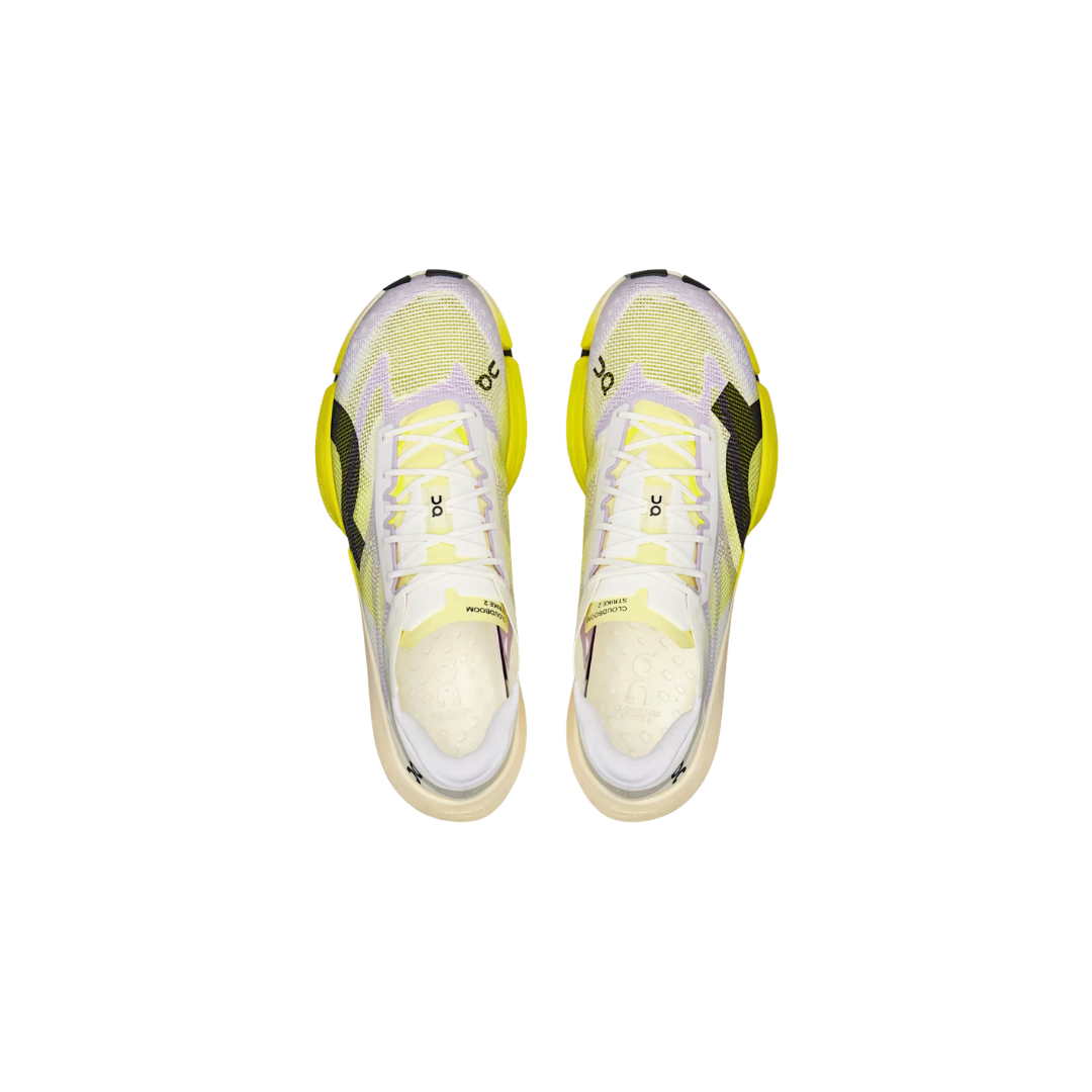 On Running Cloudboom Strike 2 U in White/Lime with carbon Speedboard® and open-weave upper