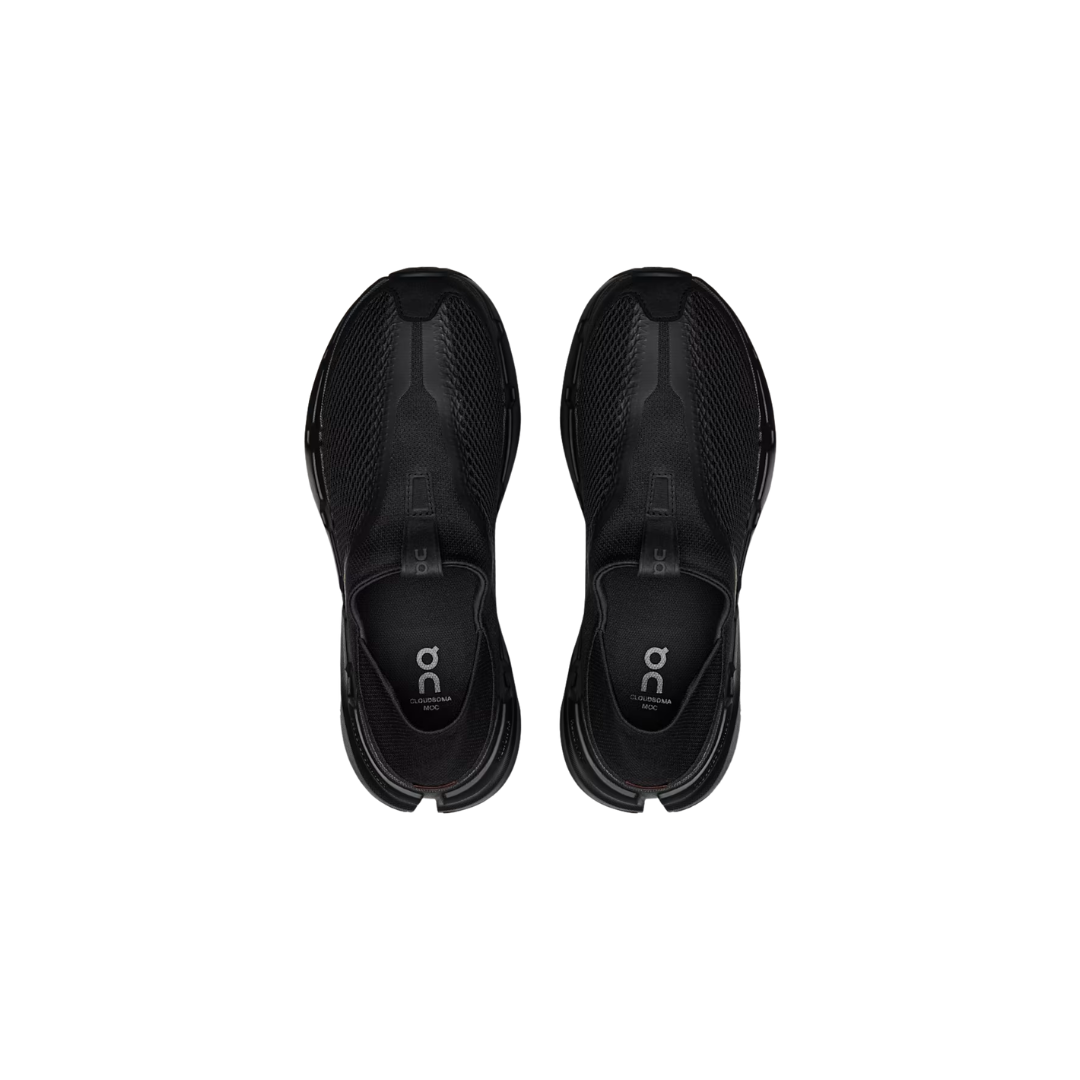 On Running Cloudsoma Moc M in Black with laceless slip-on design and collapsible heel