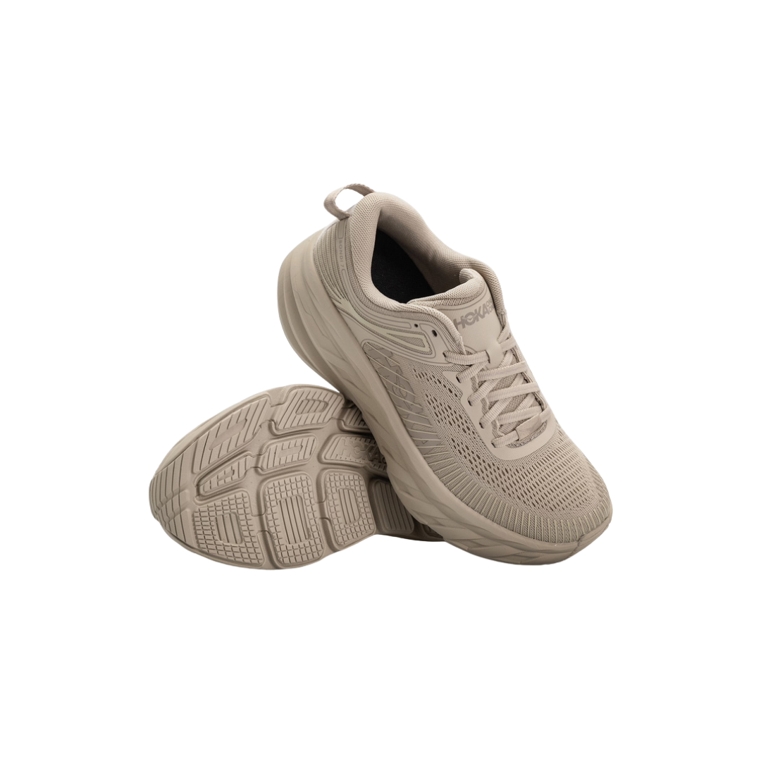 HOKA W Bondi 7 in Archival Taupe with cushioned sole and vegan upper