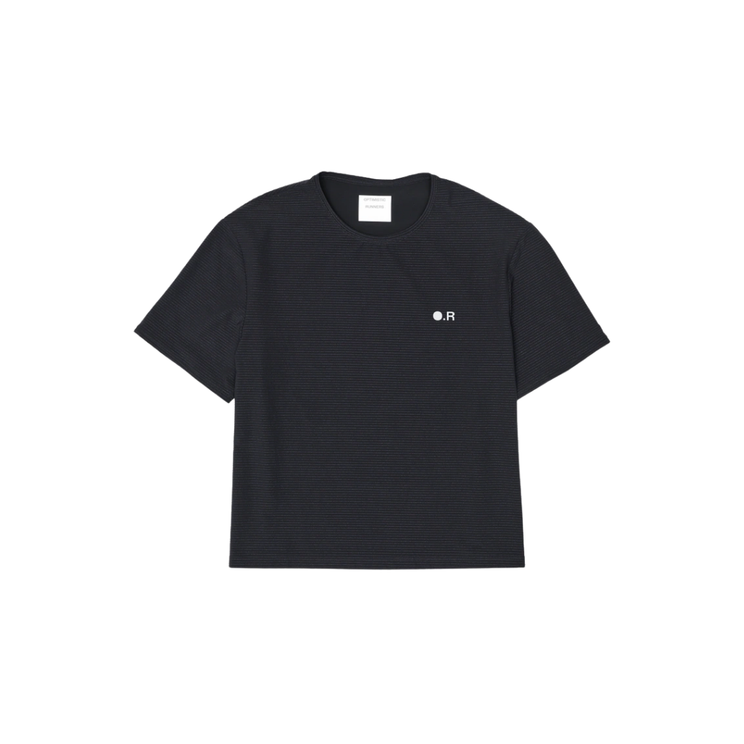 Optimistic Runners Ruffle T-Shirt in Black with textured striped fabric