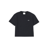 Optimistic Runners Ruffle T-Shirt in Black with textured striped fabric