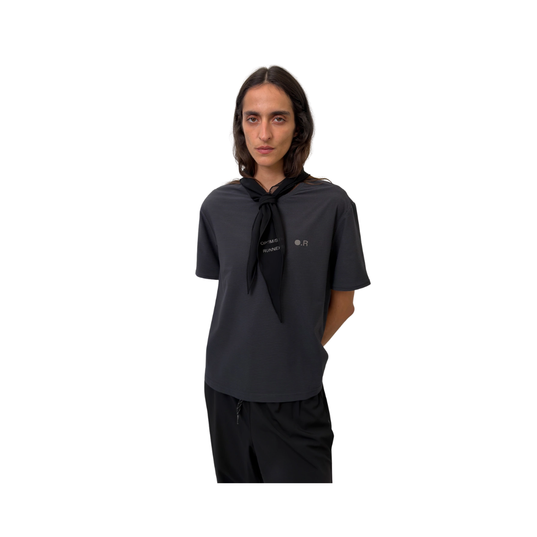 Optimistic Runners Ruffle T-Shirt in Black with textured striped fabric