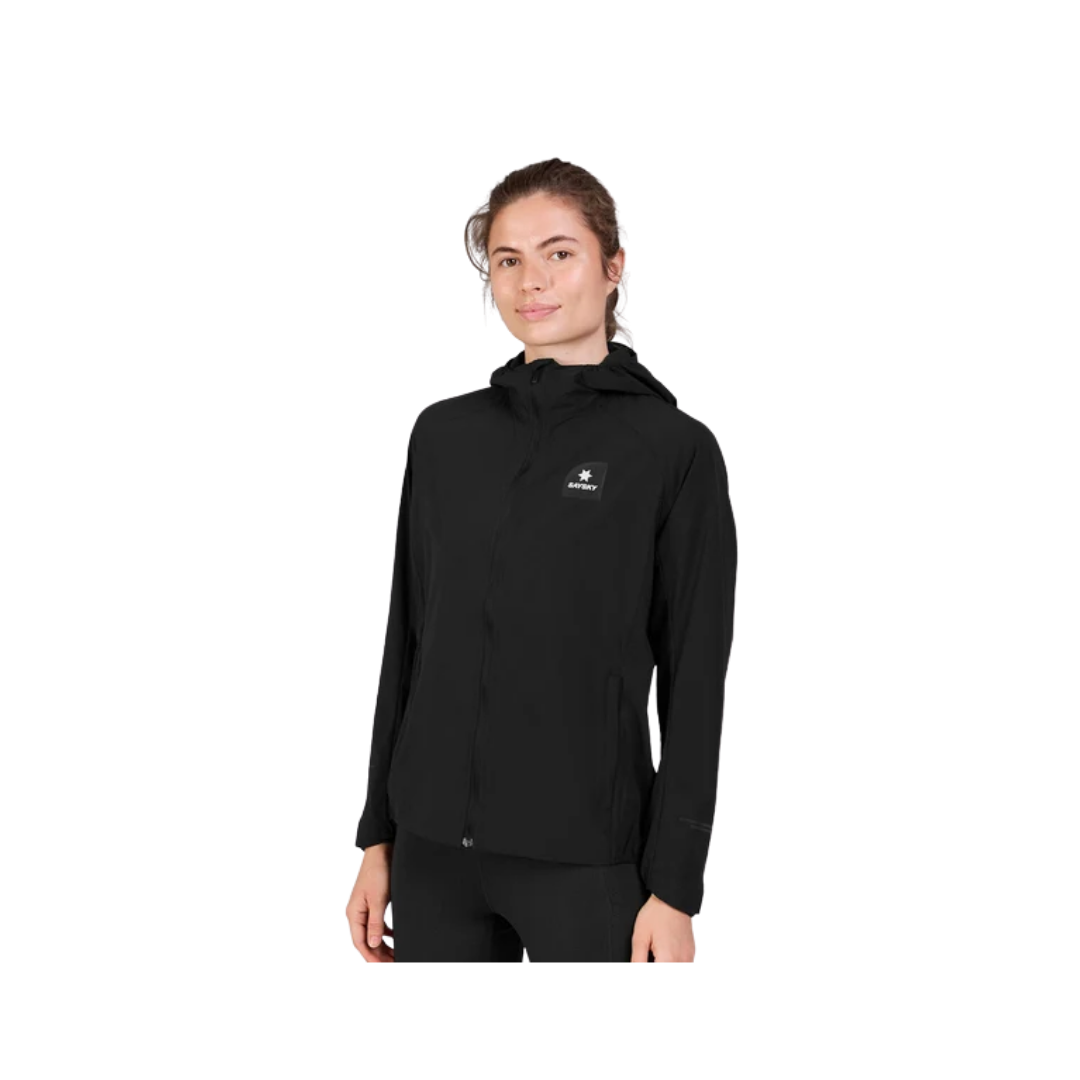 SAYSKY Clean Pace Flex Hooded Jacket in Black with adjustable hood and reflective details