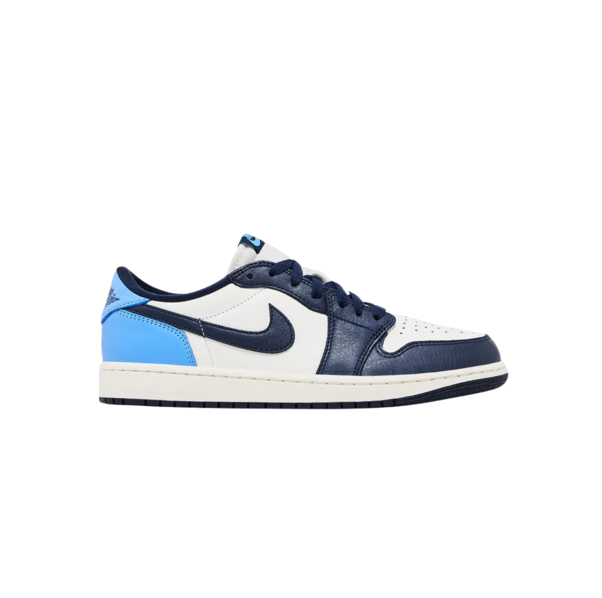Air Jordan 1 Low OG Obsidian UNC – unisex low-top sneakers with premium leather upper, obsidian navy and university blue colorway, retro OG silhouette, iconic Swoosh branding, perforated toe box, classic basketball streetwear style
