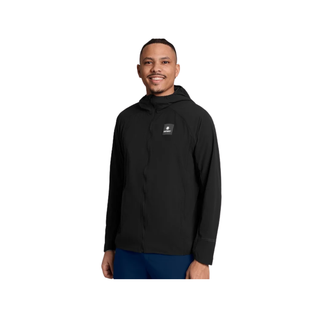 SAYSKY Clean Pace Flex Hooded Jacket in Black with adjustable hood and reflective details