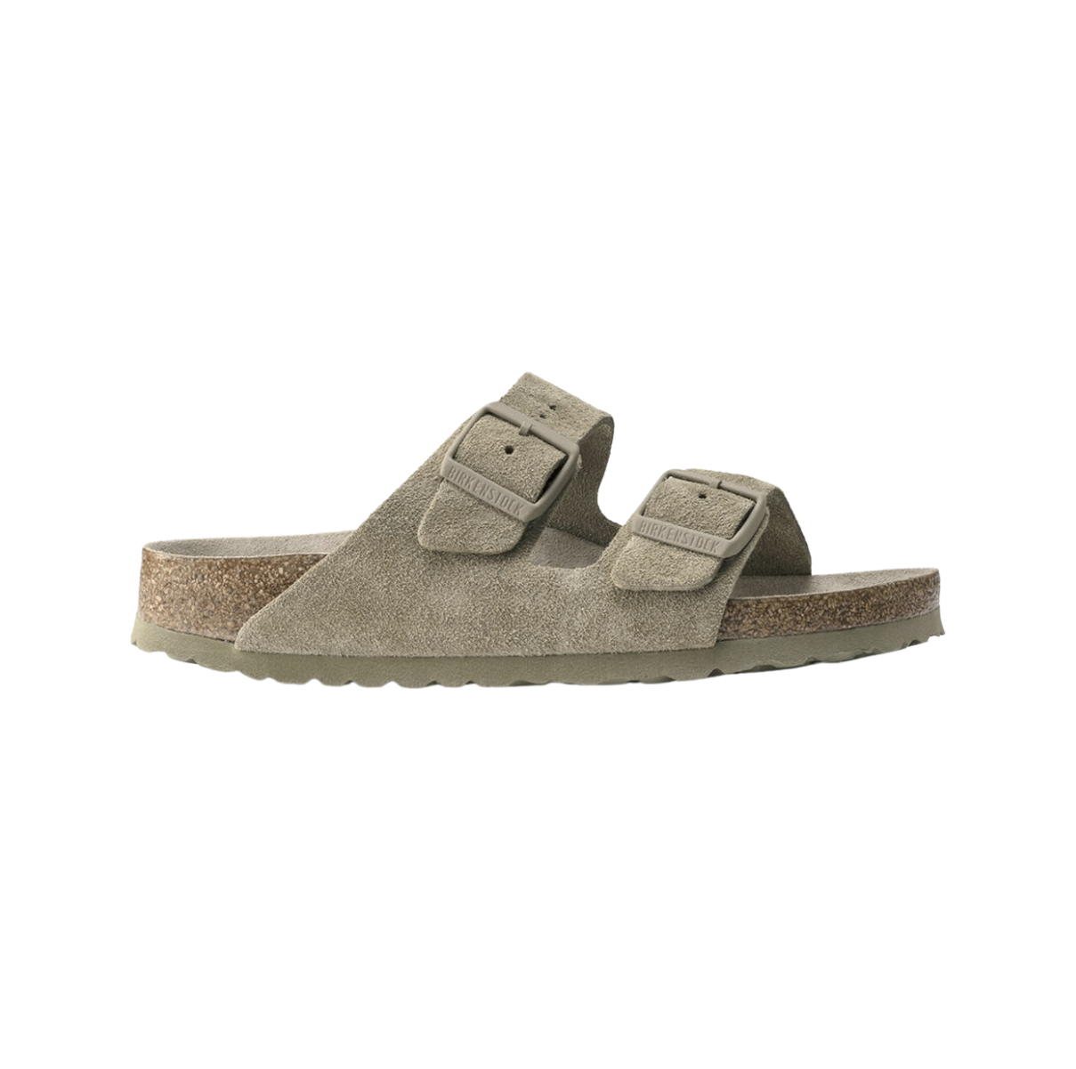 Birkenstock Arizona Suede Faded Khaki – classic Birkenstock sandals, faded khaki suede upper, adjustable two-strap design, orthopedic footbed for comfort, casual summer footwear