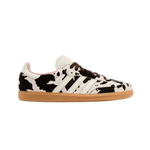 Adidas Samba OG Cow Print – unisex classic low-top sneakers with premium black and white cow print full-grain leather upper, reinforced suede overlays for durability, iconic gum rubber outsole providing excellent grip and traction, vintage retro silhouette inspired by indoor soccer shoes, breathable perforations, ideal for casual streetwear and lifestyle use