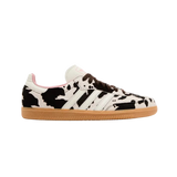Adidas Samba OG Cow Print – unisex classic low-top sneakers with premium black and white cow print full-grain leather upper, reinforced suede overlays for durability, iconic gum rubber outsole providing excellent grip and traction, vintage retro silhouette inspired by indoor soccer shoes, breathable perforations, ideal for casual streetwear and lifestyle use