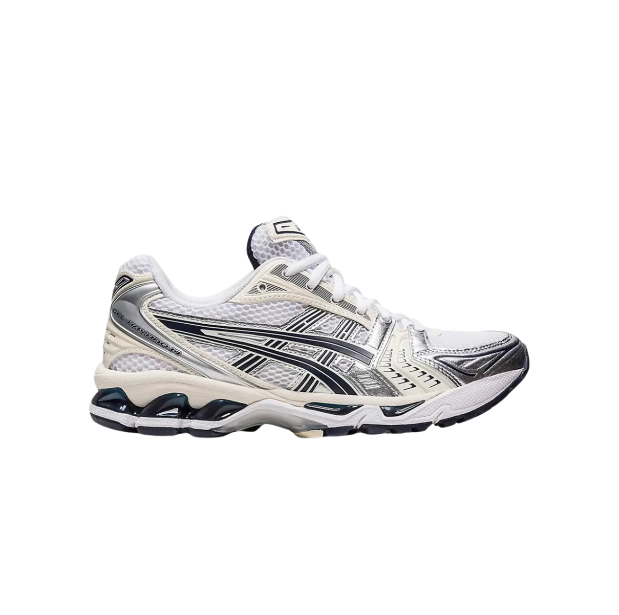 ASICS Gel-Kayano 14 White Midnight – men's running shoes, white and midnight blue colorway, Gel cushioning technology, stability support, breathable mesh upper, performance sneakers