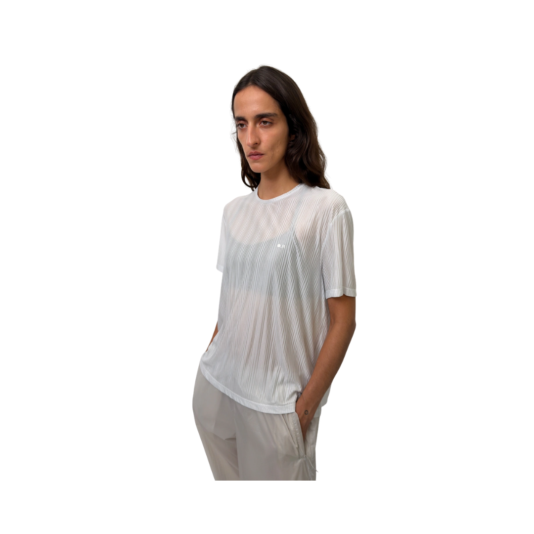 Optimistic Runners Glossy T-Shirt in Ice Blue with glossy vertical lines
