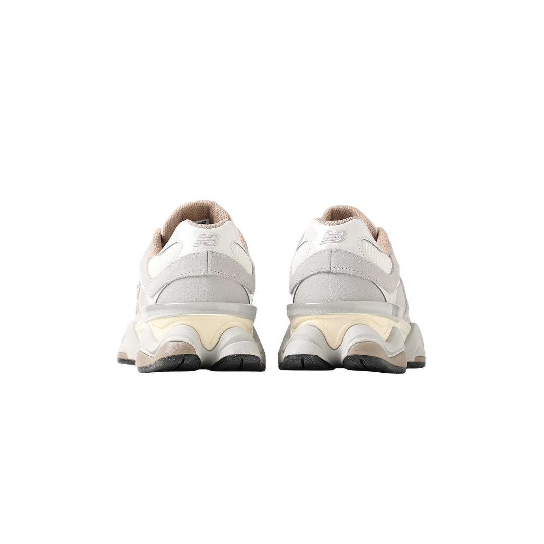 New Balance 9060 sneakers in Driftwood with mesh, hairy suede, and sculpted pod midsole
