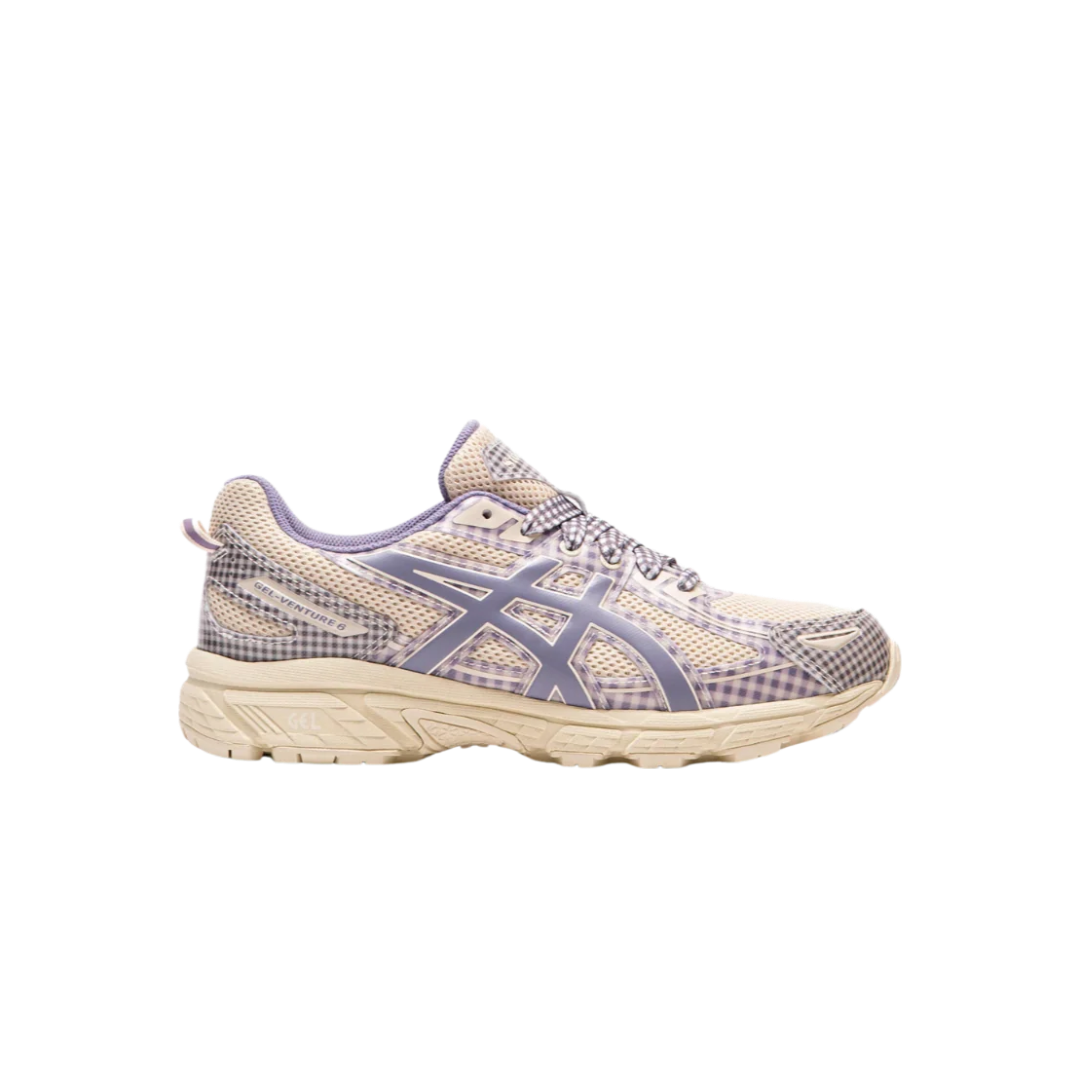 ASICS Gel-Venture 6 Story mfg. Vanilla Violet Quartz Gingham – men's trail running shoes, vanilla and violet colorway, gingham pattern, Gel cushioning technology, durable outdoor sneakers
