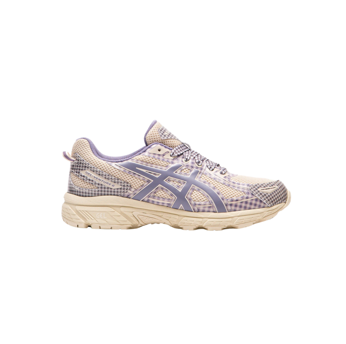 ASICS Gel-Venture 6 Story mfg. Vanilla Violet Quartz Gingham – men's trail running shoes, vanilla and violet colorway, gingham pattern, Gel cushioning technology, durable outdoor sneakers