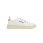 Autry Medalist Low Sneakers White Gold Leather – low-top unisex sneakers featuring premium white leather upper with gold leather accents, perforated detailing for breathability, cushioned insole for all-day comfort, durable rubber outsole, classic retro design ideal for casual wear and street style