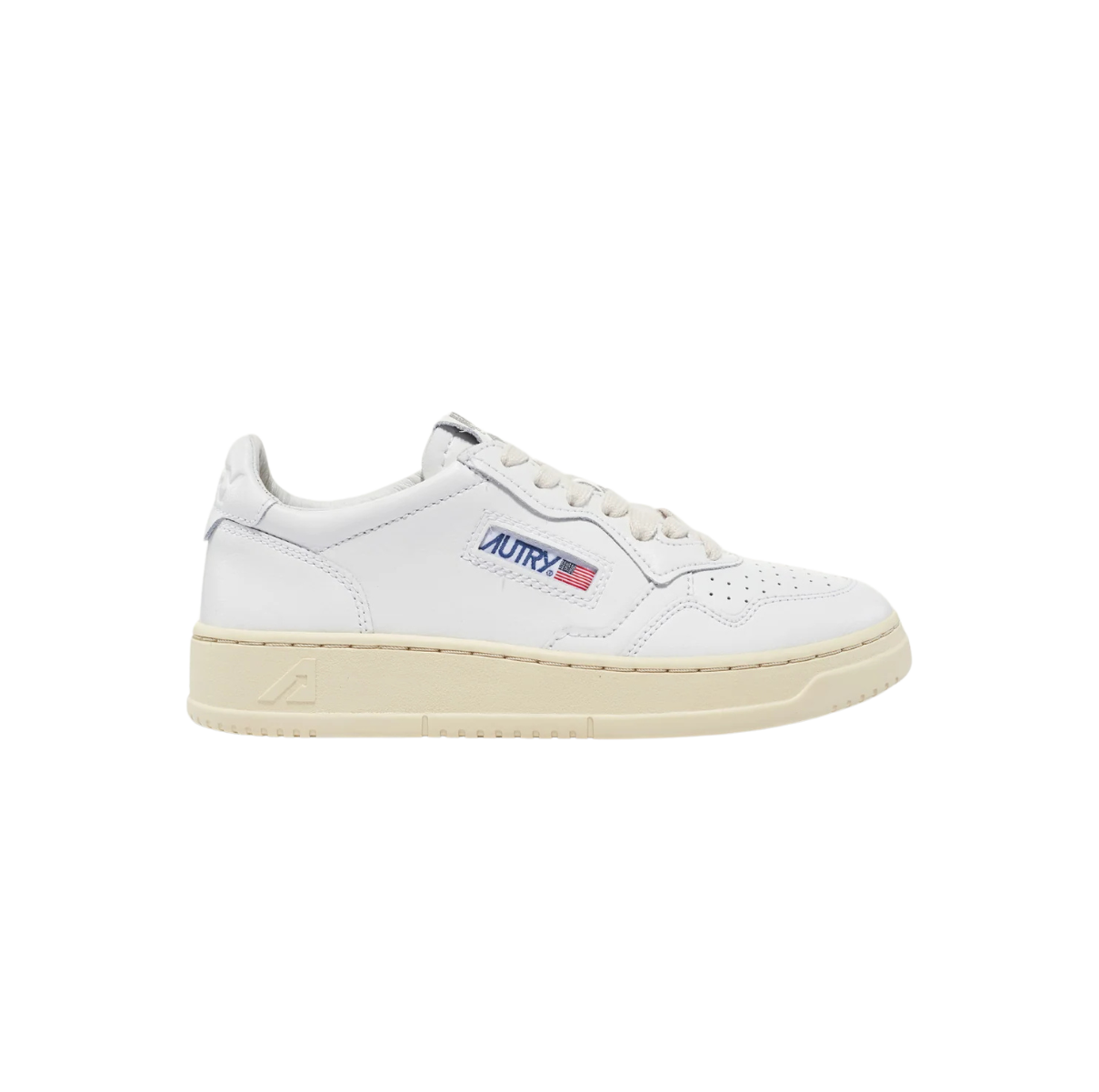 Autry Medalist Low Sneakers White Leather – low-top unisex sneakers featuring premium white leather upper, perforated detailing for breathability, cushioned insole for comfort, rubber outsole for durability, classic retro design ideal for casual and streetwear fashion