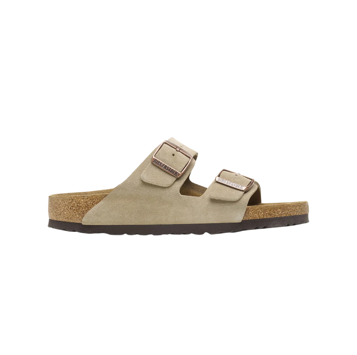 Birkenstock Arizona Suede Taupe – classic Birkenstock sandals, taupe suede upper, adjustable two-strap design, comfortable orthopedic footbed, casual summer footwear