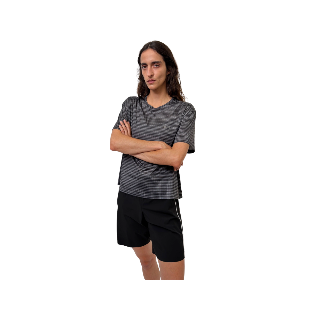 Optimistic Runners Plaid T-Shirt in Black with printed plaid pattern