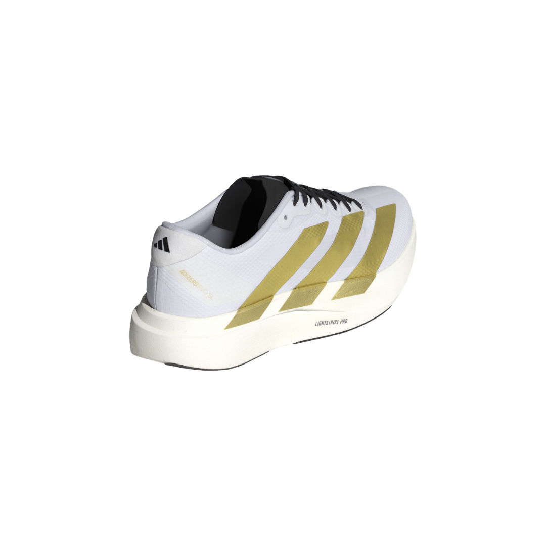 Adidas Adizero EVO SL Woven Running Shoes in Cloud White, Matte Gold and Core Black