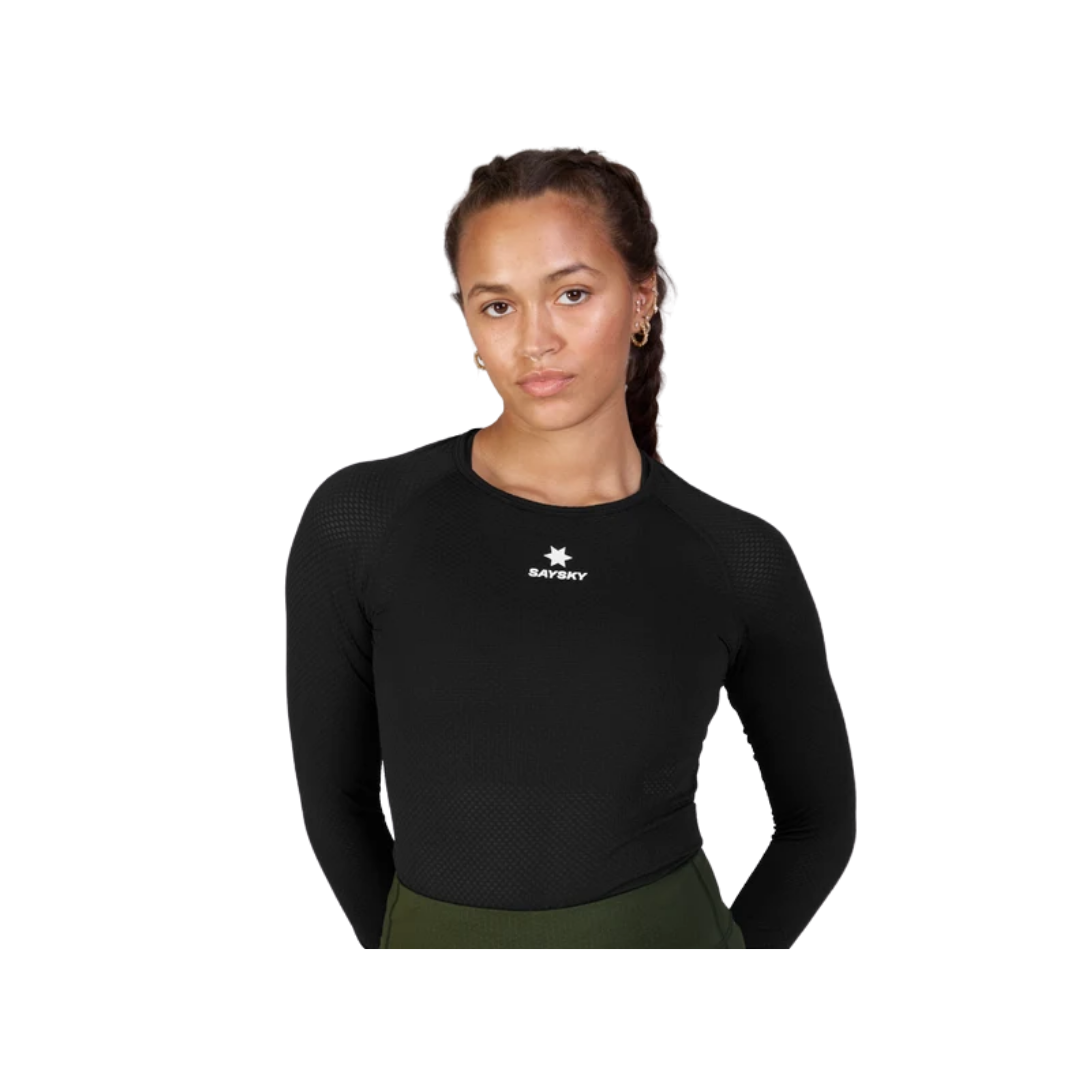 SAYSKY Mesh Base Layer Long Sleeve in Black with lightweight breathable mesh construction