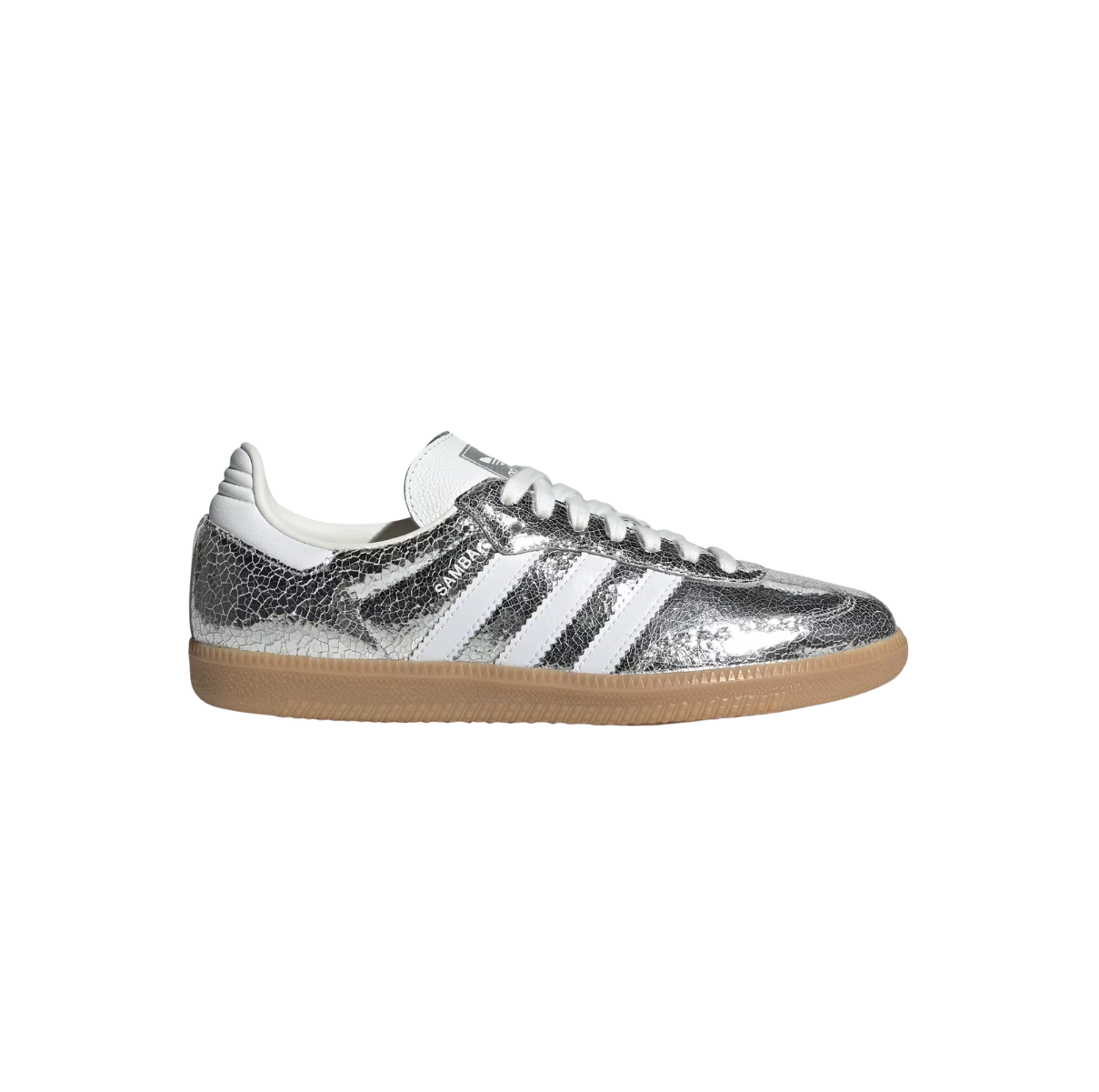 Adidas Samba OG Silver Metallic Cracked Leather – classic low-top unisex sneakers featuring silver metallic cracked leather upper for vintage distressed look, durable suede overlays, iconic gum rubber outsole providing excellent traction, breathable perforations, retro indoor soccer-inspired design ideal for casual wear and street style