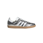 Adidas Samba OG Silver Metallic Cracked Leather – classic low-top unisex sneakers featuring silver metallic cracked leather upper for vintage distressed look, durable suede overlays, iconic gum rubber outsole providing excellent traction, breathable perforations, retro indoor soccer-inspired design ideal for casual wear and street style